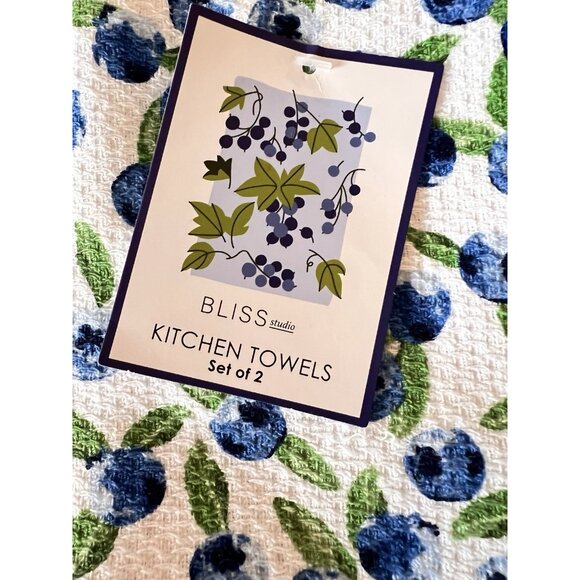 NEW Set 2 Kitchen Towels BLUEBERRIES Bliss Studio 100% Cotton Blue & White - Picture 3 of 6